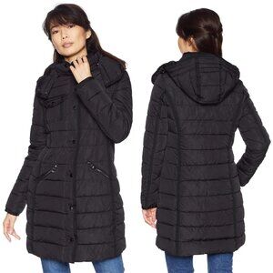 $260 DESIGUAL Size 44 US 10 Black Floral Embossed Padded Hooded Long Jacket Coat